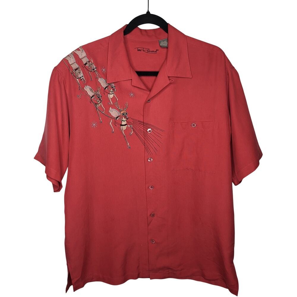 Vintage Tori Richard Mens Christmas Hawaiian Camp Shirt Silk M Santa Loop Collar